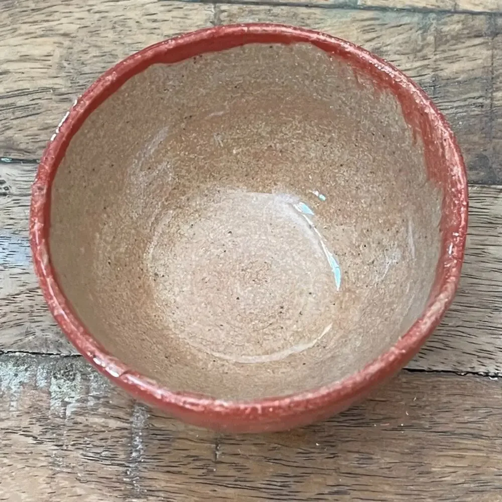 Small Stoneware Bowl Spout 3.25 in Orange Red Drip Glaze Signed Sofie
